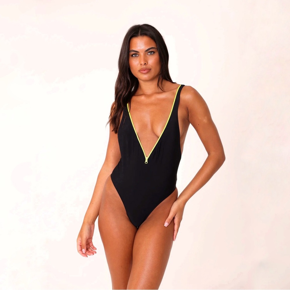 CandyPants | Black Neon Zip Cheeky One Piece Swim Suit Size UK 10 / US 6‎